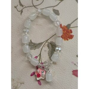 White glass Stretch Bracelet Pink Enamel Flower Charm  Pearl Strawberry Rose